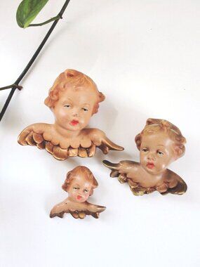 Vintage German Cherub Angel Wall Plaques Heads Hand Painted Gold-Gilded Wings